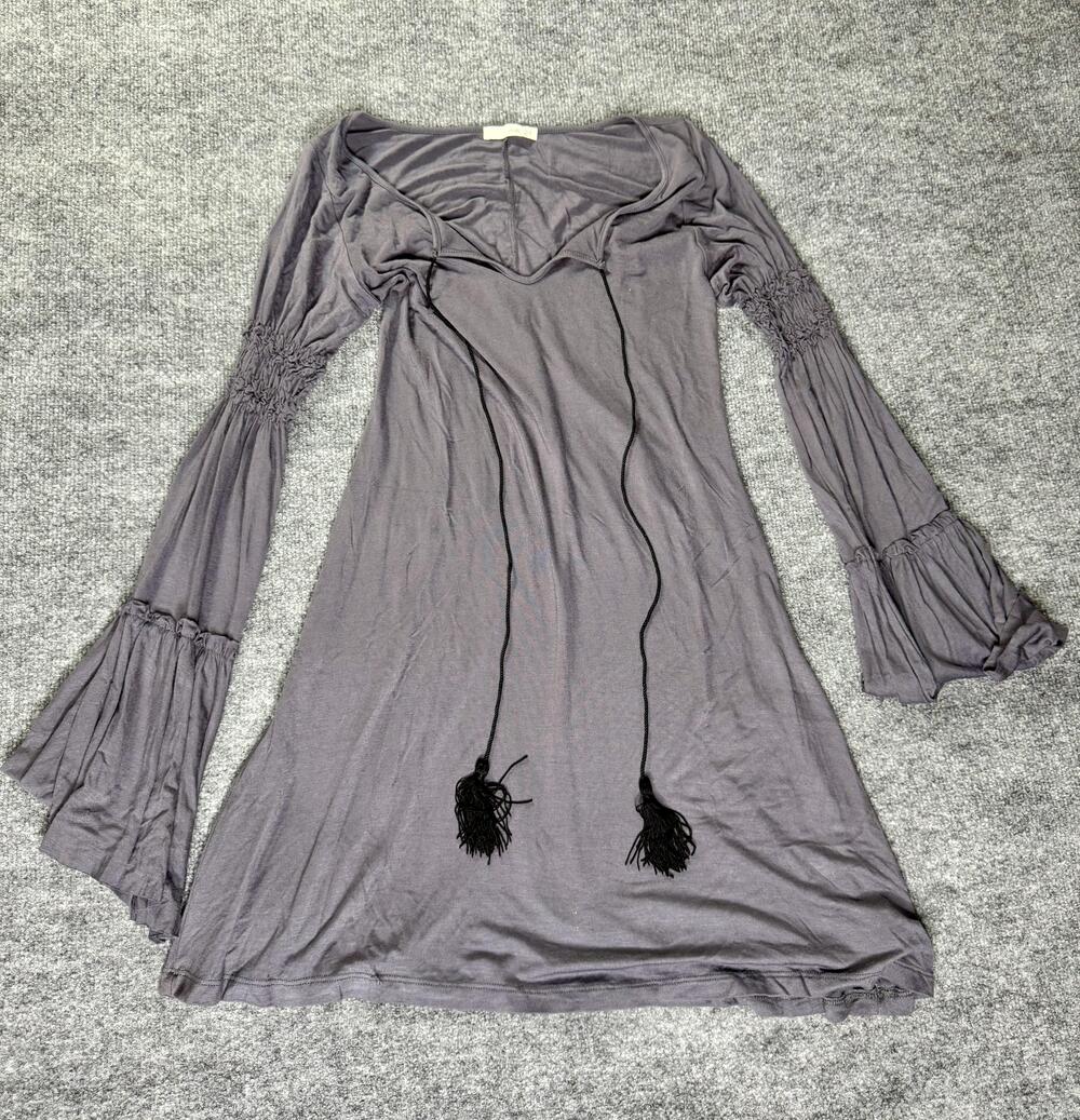 Bella D Dress Womens One Size Gray Bell Sleeve Tassel Boho Short Trapeze